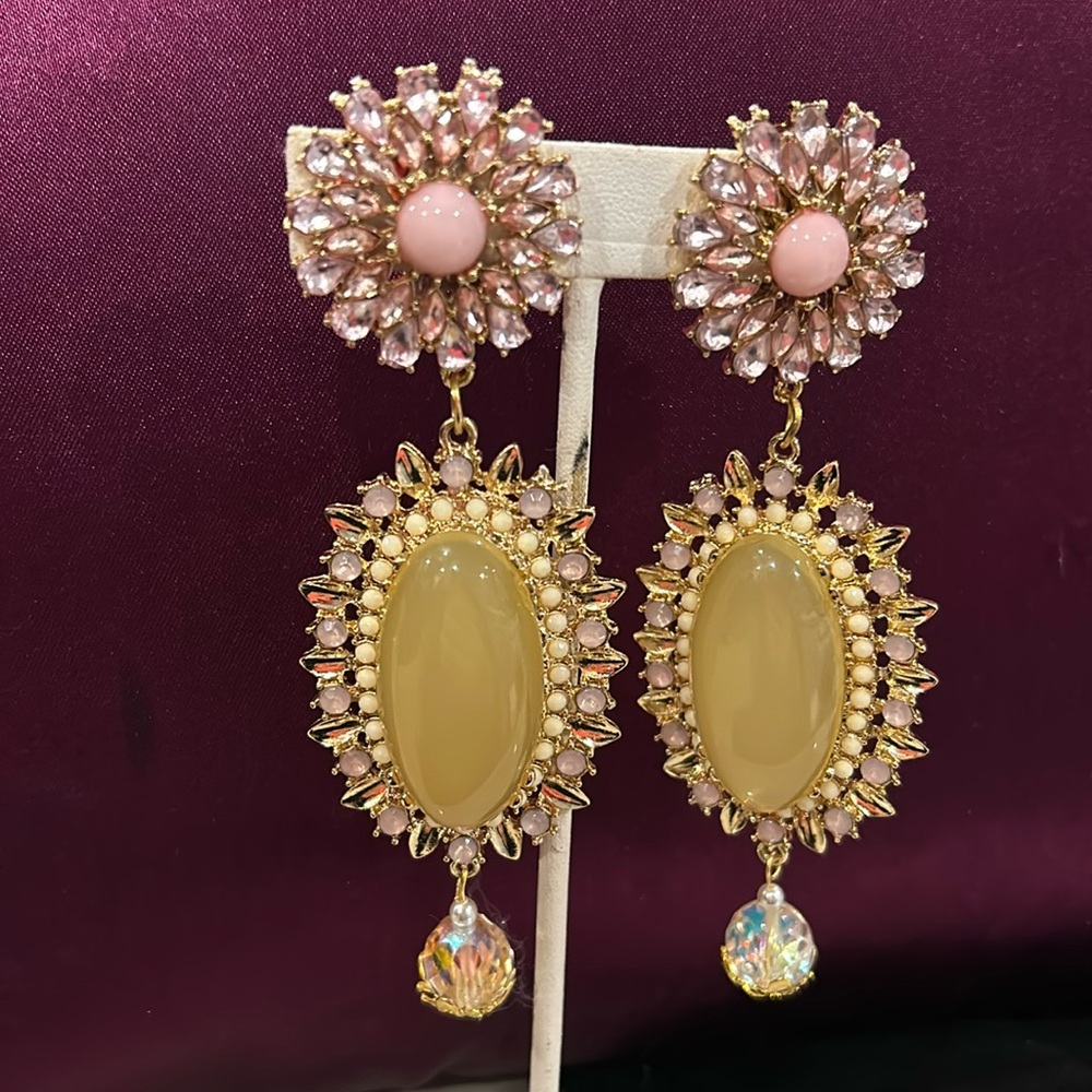 Vintage Pink and Cream Long Gold Statement Clip On Sample Earrings-Boutique